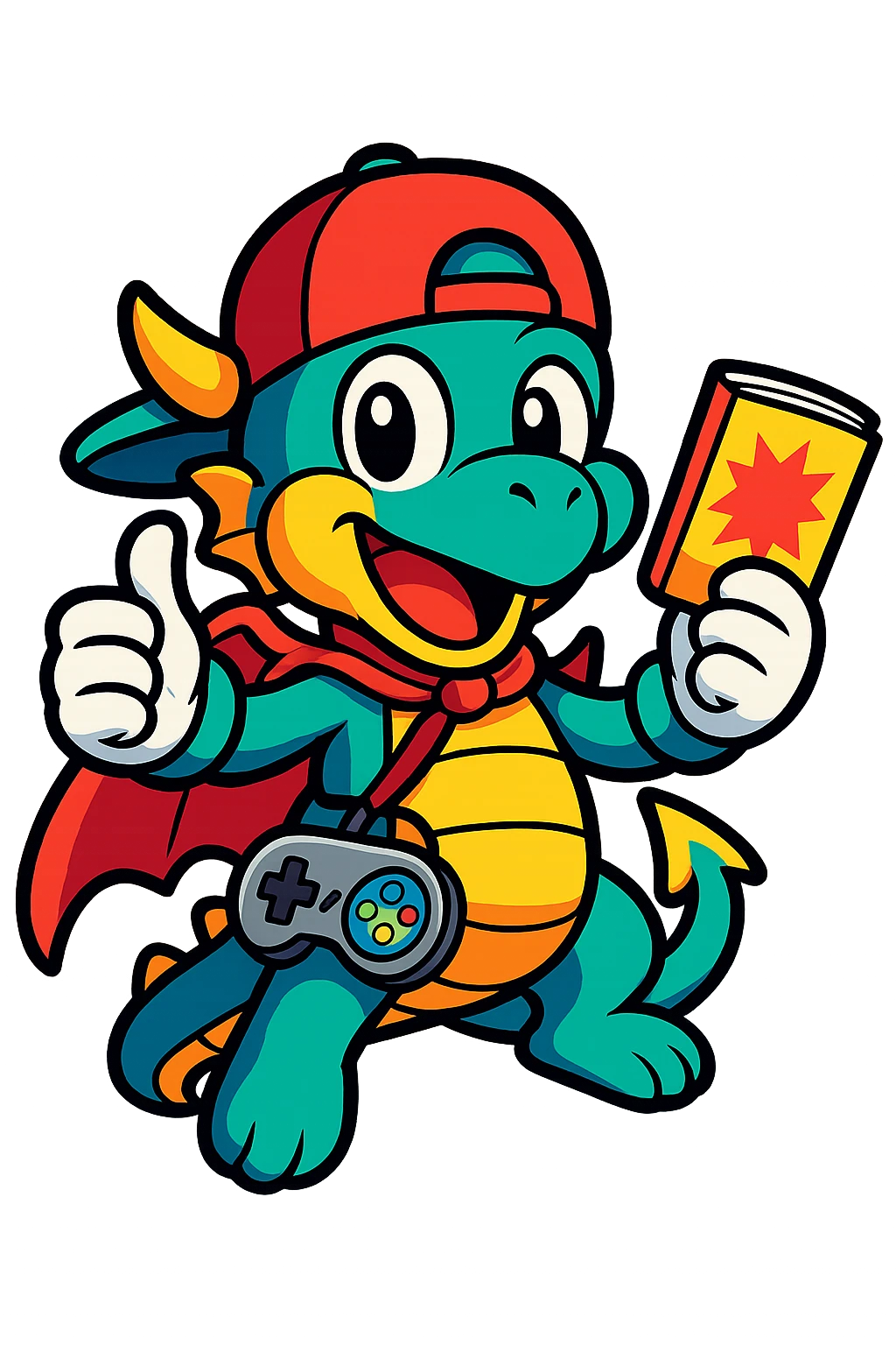 Mascote dragão da RY Design com boné, quadrinho e controle de videogame, dando um sinal de positivo